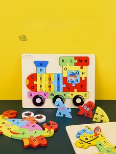 Macro shot of colorful wooden 26-letter puzzles with animal and transport shapes