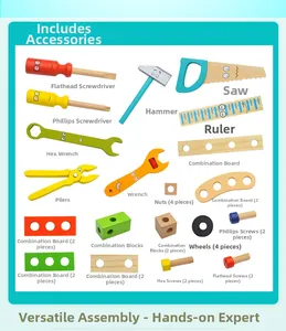 Detailed parts list of wooden tool kit set including screwdriver, wrench and nuts