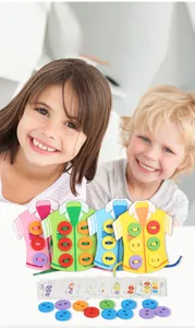 Educational wooden lacing toy with colorful shirts, buttons and challenge cards