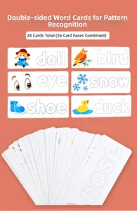 Detail of double-sided English learning cards with cartoon illustrations and words
