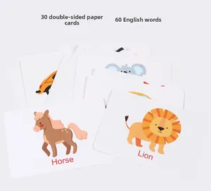 Detail view of 30 double-sided flashcards with animal illustrations like horse and lion