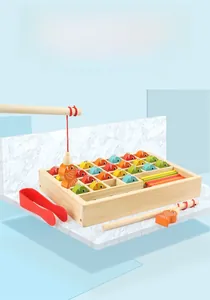 Macro detail of wooden magnetic fishing toy set with colorful fish and fishing rods