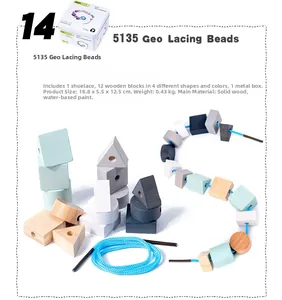 Detailed view of 12 geometric wooden lacing beads with blue string in a metal storage box