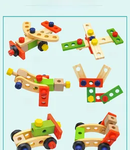 Detail of wooden building blocks DIY toys showing helicopter and animal models