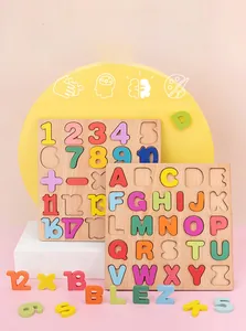 Detailed view of wooden Montessori alphabet and number puzzle boards for toddler education