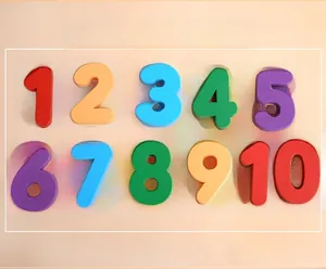 Flat lay of colorful wooden numbers 1-10 for early childhood math learning and counting