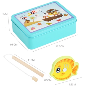 Magnetic wooden fishing toy set with blue tin box and rod for toddler motor skills