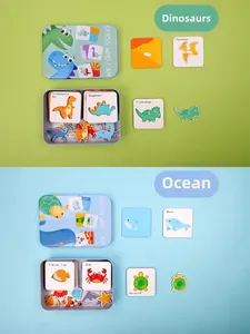 Detailed view of dinosaur and ocean theme wooden animal matching puzzles in tin boxes