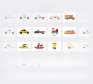 Flat lay of 30 educational English word cards for kids with colorful flat illustrations