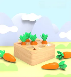 Detail of wooden base with carrot harvest toy and cute cartoon animal patterns