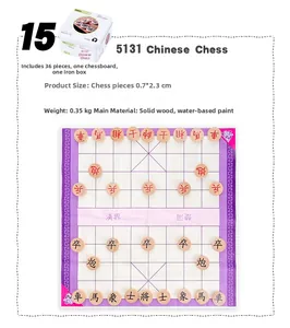 Macro view of portable wooden Chinese chess set with 36 pieces in a compact metal tin case