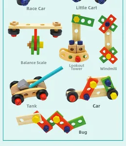Eight wooden tool assembly models including a car, tank, and windmill on blue background
