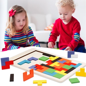 Colorful wooden tetris puzzle toy for toddlers featuring geometric blocks in a wood tray