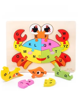 Detailed view of crab-shaped wooden alphabet puzzle with colorful A-Z letter blocks