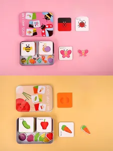 Educational matching puzzle game with insect and vegetable themes in portable metal tins