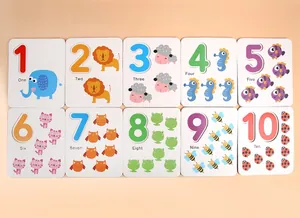 Detail view of numbered flashcards with colorful animals for preschool math learning