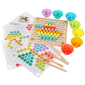 Educational wooden bead sorting toy set with colorful silicone bowls and tools