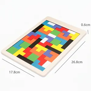 Educational wooden tetris puzzle with colorful geometric blocks for toddlers, 26.8x17.8cm