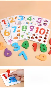 Detail showing colorful wooden numbers and matching puzzle cards for kids math learning