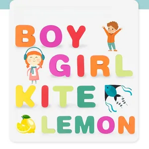 Educational wooden alphabet puzzle showing BOY GIRL KITE LEMON words and illustrations