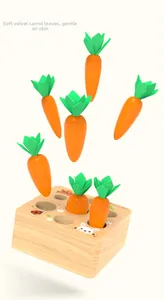Detail of plush carrot leaves with soft skin-friendly texture on wooden puzzle toy