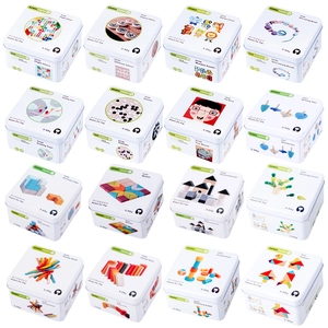 Portable Wooden Educational Toy In Tin Box Montessori Learning Puzzle Domino Building Blocks For Kids Travel Games