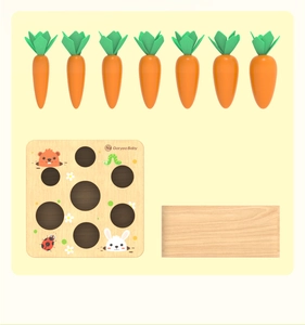 Macro shot of 7 wooden carrots with green leaves on an illustrated Montessori base