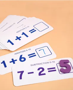 Macro detail of addition subtraction cards with wooden number 5 for math learning