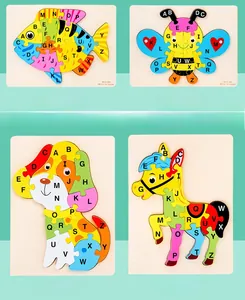 Close-up of four wooden animal puzzles showing colorful A-Z alphabet pieces for learning