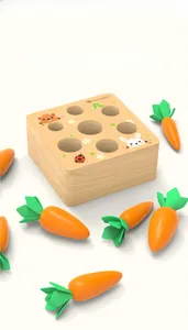 Detailed view of educational wooden carrot harvest toy with seven different sizes