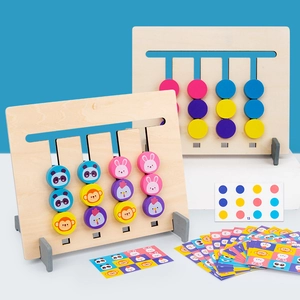 Wooden Montessori animal and fruit logic puzzle game with sliding blocks and challenge cards