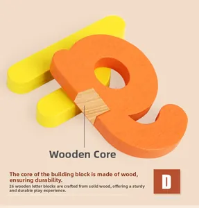 Close-up of wooden letter E block showing durable solid wood texture and inner core