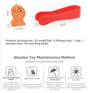 Detailed parts list of wooden magnetic fishing toy including 25 fish, rods, and counting sticks
