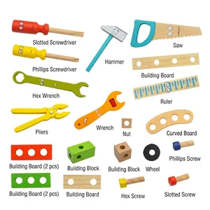 Children's wooden tool box set with realistic toy hammers, wrenches and colorful screws