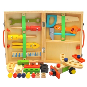 Kids wooden toolbox set with colorful screws, nuts, and tools for creative assembly toys