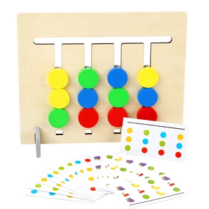 Montessori wooden fruit logic game with colorful sliding pieces and instruction cards
