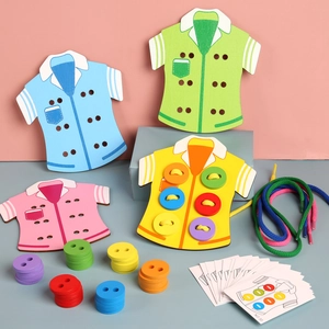 Educational wooden lacing toy set with clothes-shaped boards and colorful buttons
