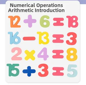 Macro shot of colorful wooden number puzzles and math symbols for early childhood learning