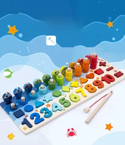 Close-up of wooden ocean puzzle with numbers, geometric shapes and magnetic fishing rod