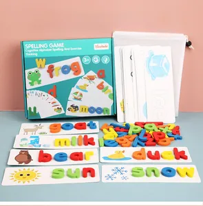 Educational spelling game set with wooden letters, illustrated word cards and storage bag
