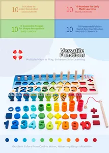 Detailed set of rainbow wooden blocks featuring numbers, shapes, and magnetic fish toys