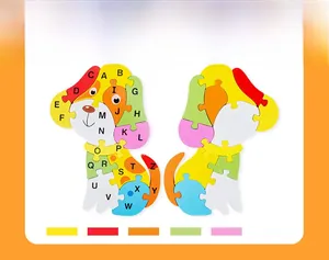 Detail of wooden dog puzzle showing 26 alphabet pieces with colorful front and solid back