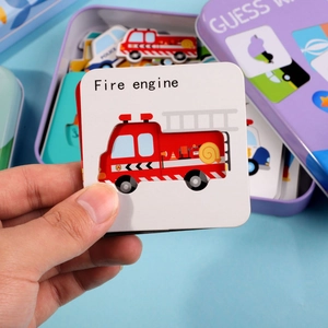 Kids educational matching puzzle cards with vehicles and a metal storage box