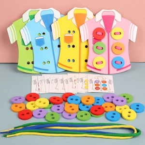 Montessori wooden shirt lacing toy set with colorful buttons for fine motor skills
