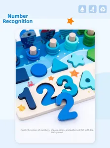 Macro view of wooden 5-in-1 Montessori toy with colorful numbers, shapes and sorting rings