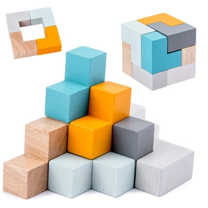 Educational wooden soma cube puzzle blocks in travel tin box for toddlers and kids