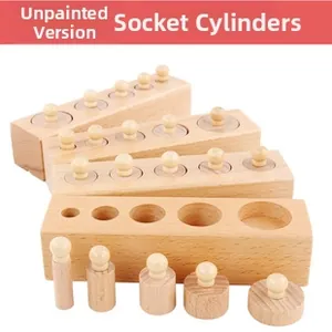 Detailed view of four natural unpainted wooden Montessori knobbed cylinders for early learning