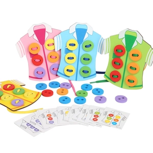 Educational wooden lacing toy with shirt boards and colorful buttons for motor skills