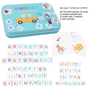 Kids magnetic alphabet spelling game with blue tin box and double-sided cards