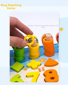 Detail of wooden number 7 block with matching shapes and seven colorful stacking rings